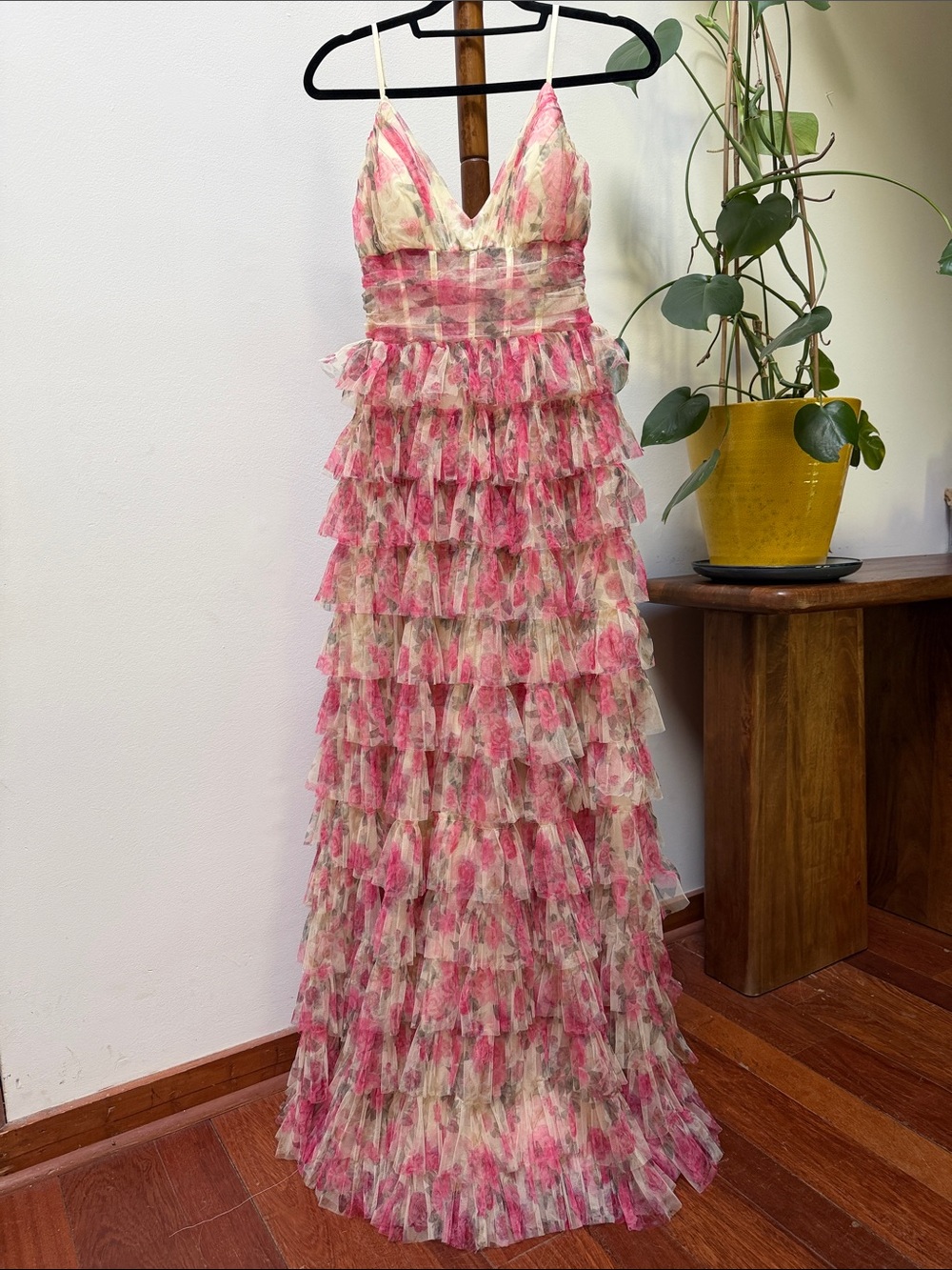 B Darlin Floral Mesh Tiered Ruffles Pink & Cream Maxi Dress